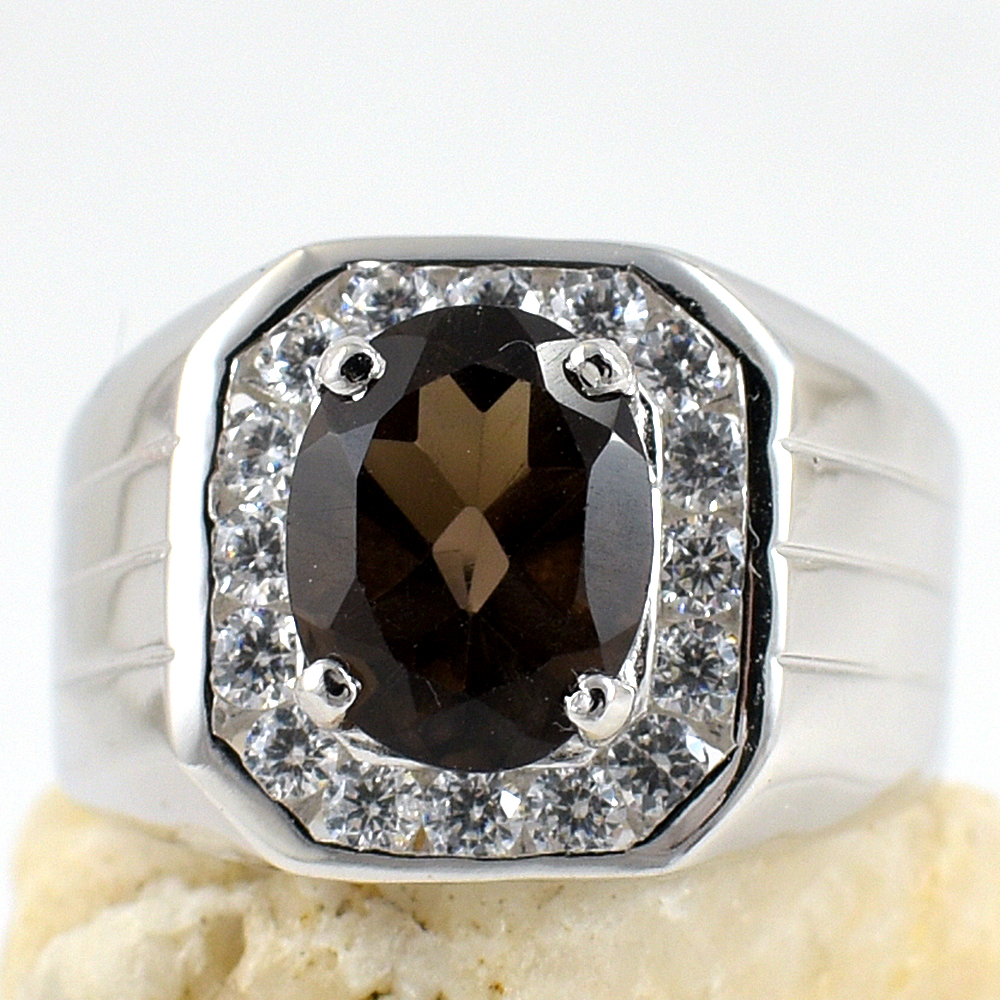 แหวนเงินแท้ราคาถูกชุบทองคำขาว พลอยแท้สโมกกี้ควอทซ์ 2.25 กะรัต เพชรCZ 0.64 กะรัต งานประณีตสวยงาม สั่งผลิตค่ะ