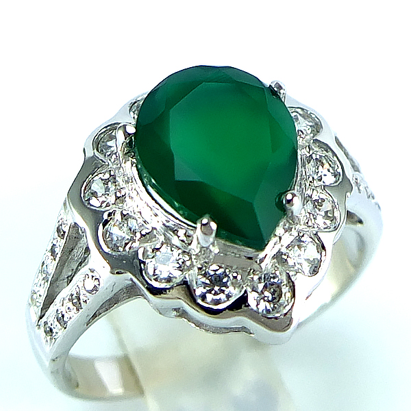 แหวนเงินแท้ราคาถูกชุบทองคำขาว พลอยแท้กรีนอะเกท 2.10 กะรัต เพชรCZ 0.437 กะรัต งานประณีตสวยงาม สั่งผลิตค่ะ