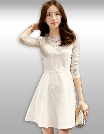 ชุดเดรสแฟชั่นสีขาวแขนยาวแต่งลูกไม้แบบสวยหรู1552