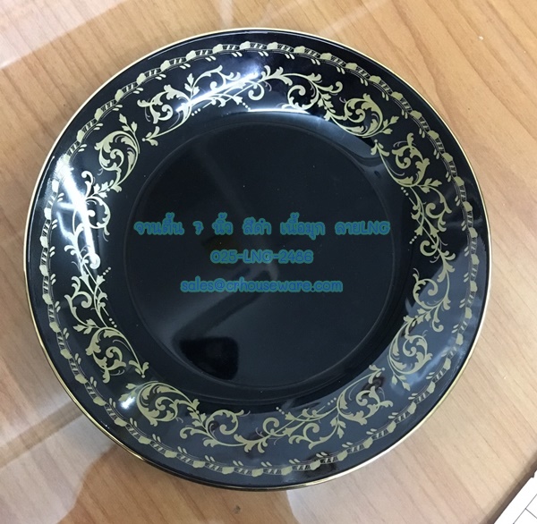 จานตื้น 7 นิ้ว เนื้อมุก สีดำขอบทอง ลายลานนาโกลด์ LNG Code ; 025-LNG-2486