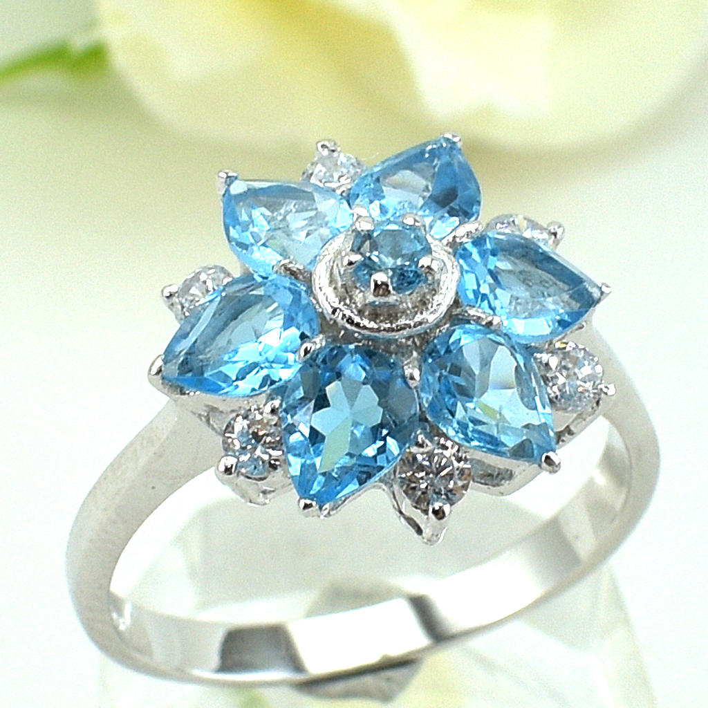 แหวนเงินแท้ราคาถูกชุบทองคำขาว สวิสบลูโทปาซแท้ 2.49 กะรัต เพชรCZ 0.30 กะรัต งานประณีตสวยงาม สั่งผลิตค่ะ