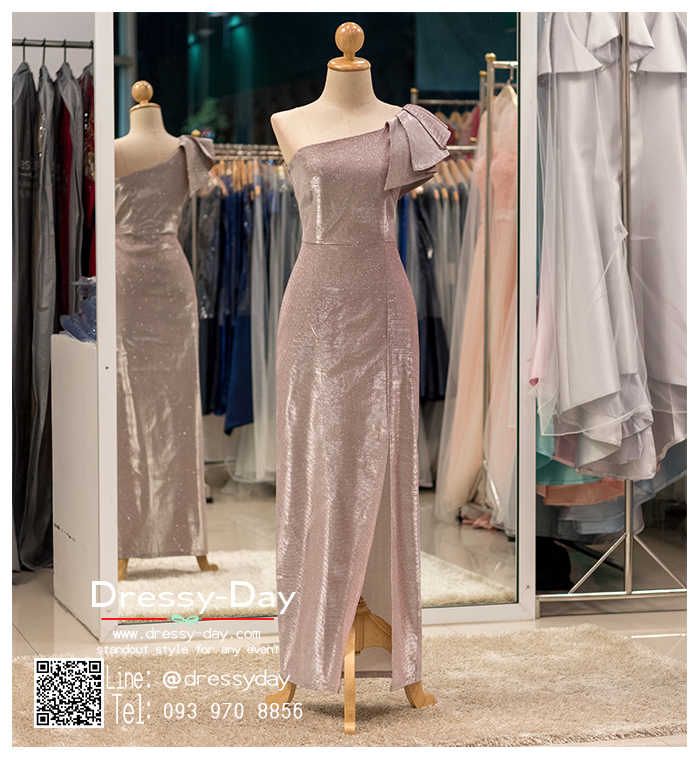 รหัส ชุดราตรียาวคนอ้วน :PK013 ชุดแซก ชุดราตรียาวมีแขน หรู สีชมพู ไหล่เดียว เรียบหรู เหมาะสำหรับงานแต่งงาน งานกลางคืน กาล่าดินเนอร์