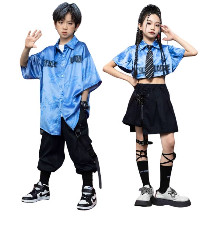 พร้อมส่ง ชุดเต้น เสื้อ+กางเกง/กระโปรงสีฟ้า-เงิน