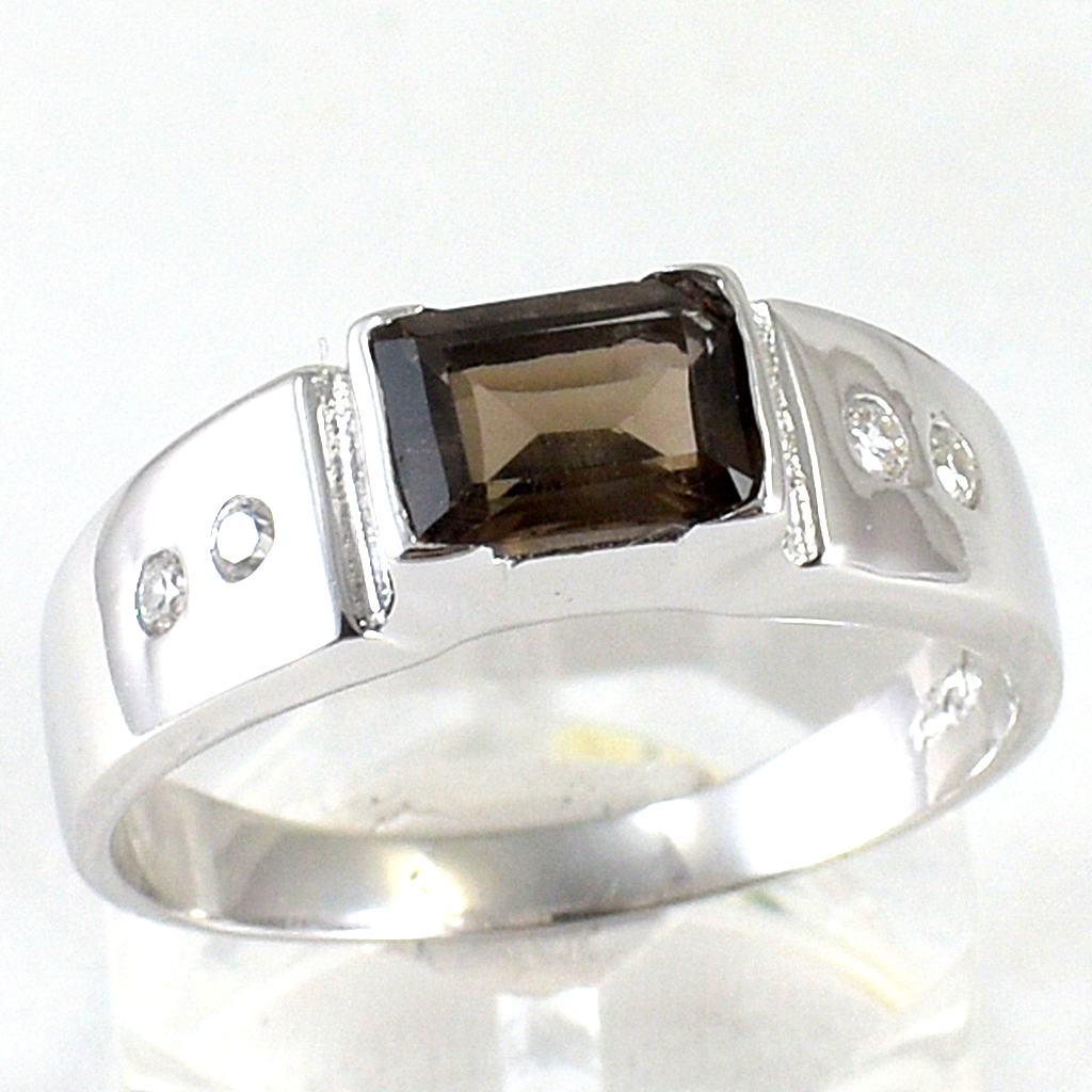 แหวนเงินแท้ราคาถูกชุบทองคำขาว พลอยแท้สโมกกี้ควอทซ์ 1.15 กะรัต เพชรCZ 0.10 กะรัต งานประณีตสวยงาม สั่งผลิตค่ะ