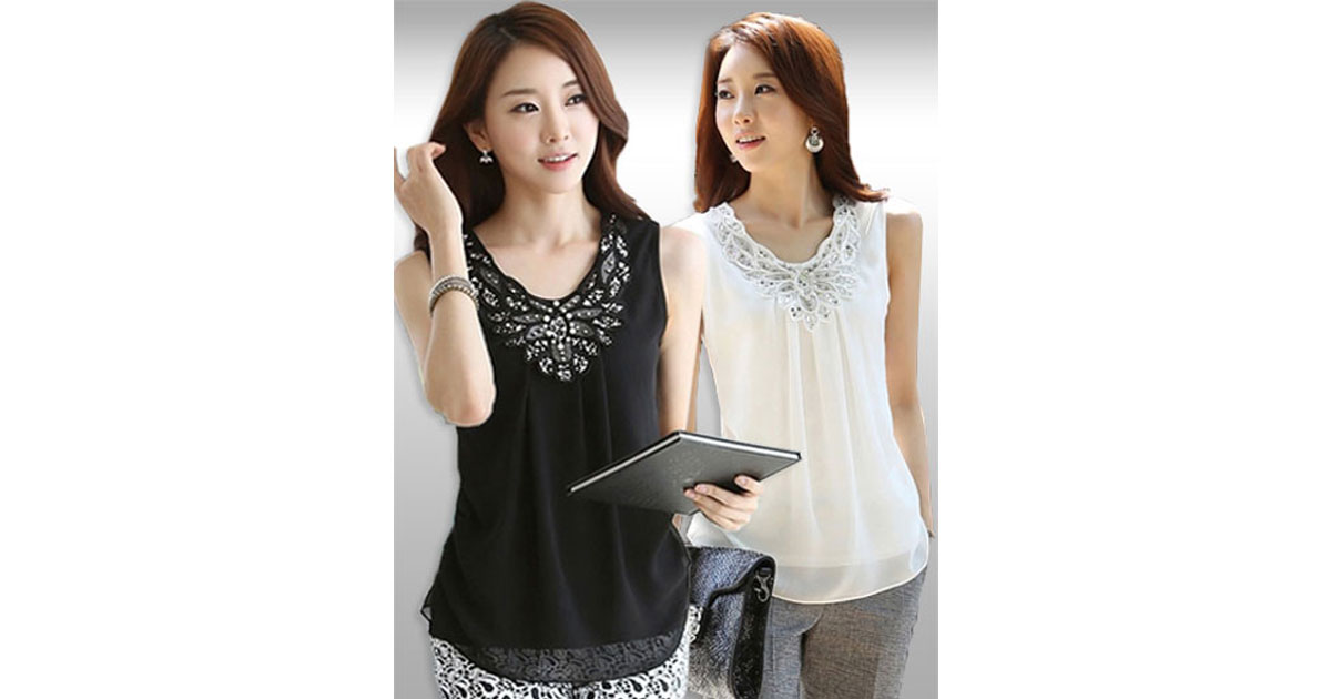 เสื้อแขนกุดแต่งเลื่อมประดับมุกสวยหรู มี 2สี รหัส2224