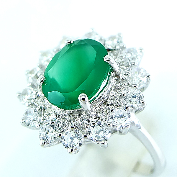 แหวนเงินแท้ราคาถูกชุบทองคำขาว พลอยแท้กรีนอะเกท 1.80 กะรัต เพชรCZ 0.658 กะรัต งานประณีตสวยงาม สั่งผลิตค่ะ