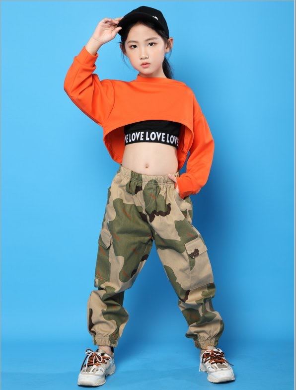 ชุดเต้น ฮิปฮอป เสื้อส้ม+กางเกงลายทหาร