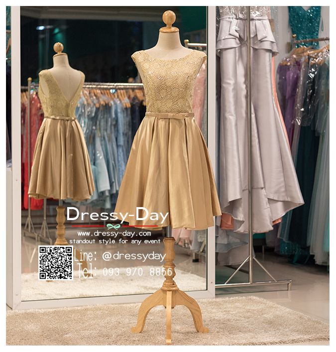 รหัส ชุดราตรีสั้น : PFS035 ชุดไปงานแต่งผ้าซาตินตกแต่งลูกไม้งานสวย ชุดราตรีสั้นปักด้วยกริตเตอร์ ประดับโบว์ช่วงเอว สีทอง ใส่ไปเป็นชุดงานหมั้นก็เริ่ด งานแต่งงาน งานเลี้ยง งานประกวด งานรับปริญญา สวยน่ารักสุดๆ