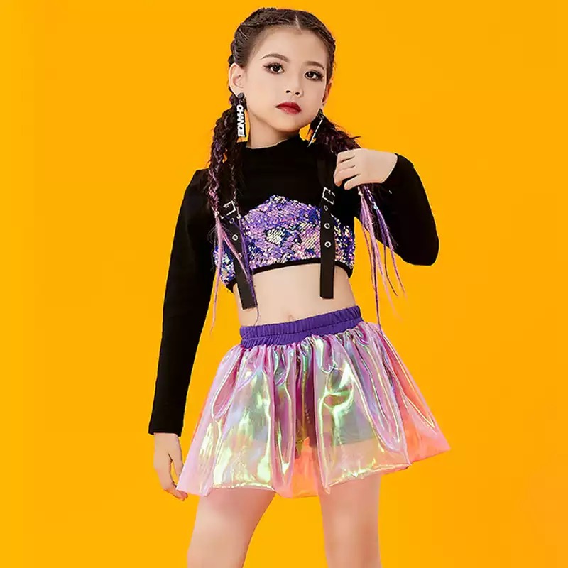 ชุดเต้น ชุดฮิปฮอป เซ็ตสีเสื้อแขนยาวสีขาวปักเลื่อม+กระโปรง สีชมพู