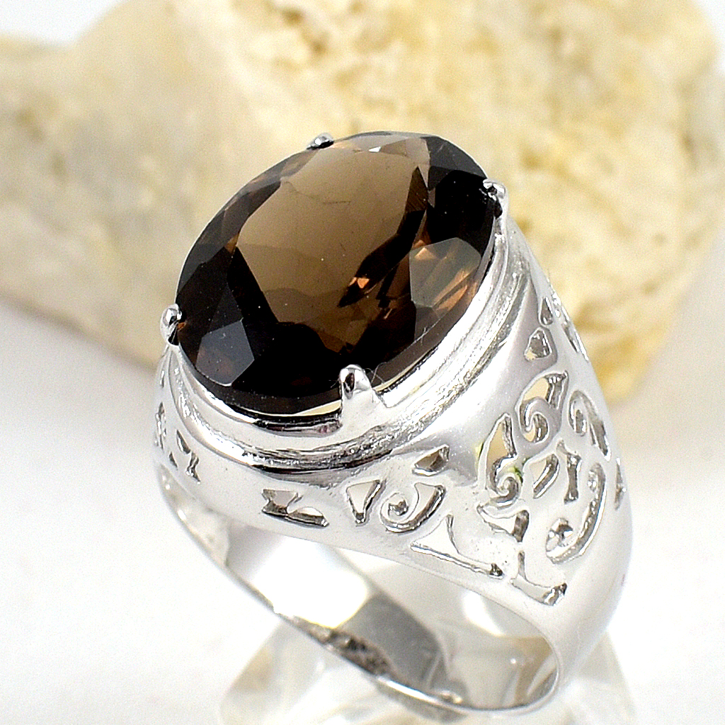 แหวนเงินแท้ราคาถูกชุบทองคำขาว พลอยแท้สโมกกี้ควอทซ์ 8.95 กะรัต งานประณีตสวยงาม สั่งผลิตค่ะ