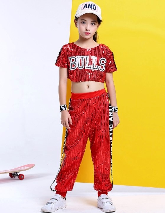 ชุดเต้น ฮิปฮอปเสื้อแขนสั้น ปักเลื่อม ขายาว