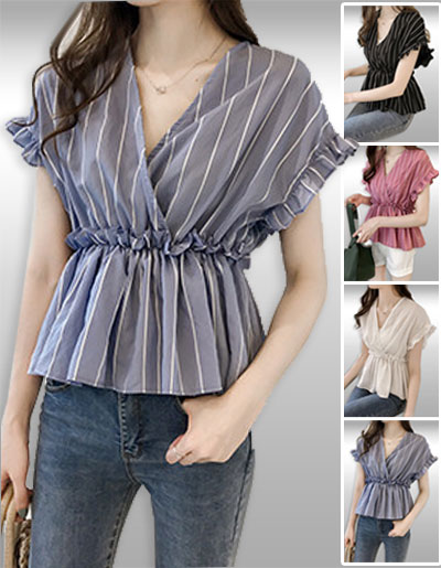 เสื้อแฟชั่นไขว้คอวีกุ๊นแขนแต่งเอวระบายน่ารักมี 4สี รหัส2115