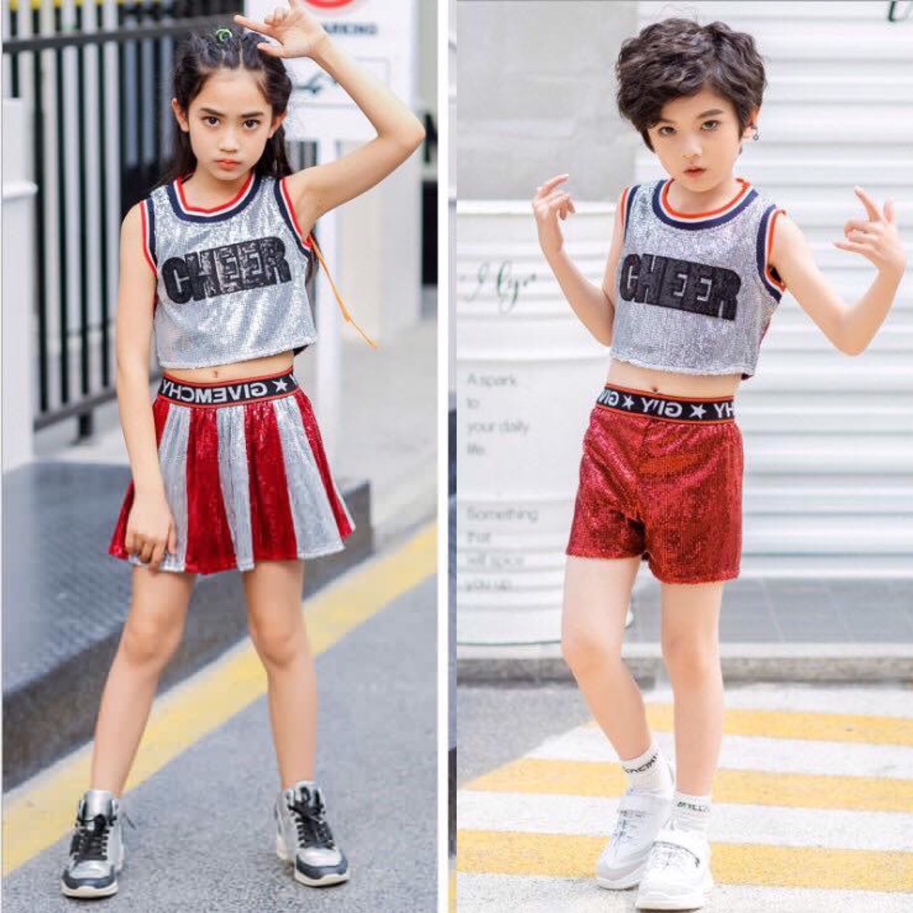 ชุดเต้น ฮิปฮอป ผู้ชาย ขาสั้น Cheer สีเลือดหมู