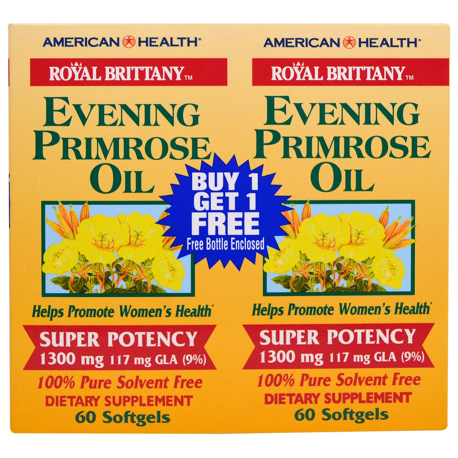 (Pre-order)American Health, Royal Brittany, Evening Primrose Oil, 1300 mg, 60 Softgels (แพคคู่ 2 ขวด) อีฟนิ่งพริมโรสออย รักษาสมดุลของร่างกาย เพื่อให้ผิวนุ่ม ชุ่มชื้น บรรเทาอาการก่อนมีประจำเดือน ลดอาการวัยทอง