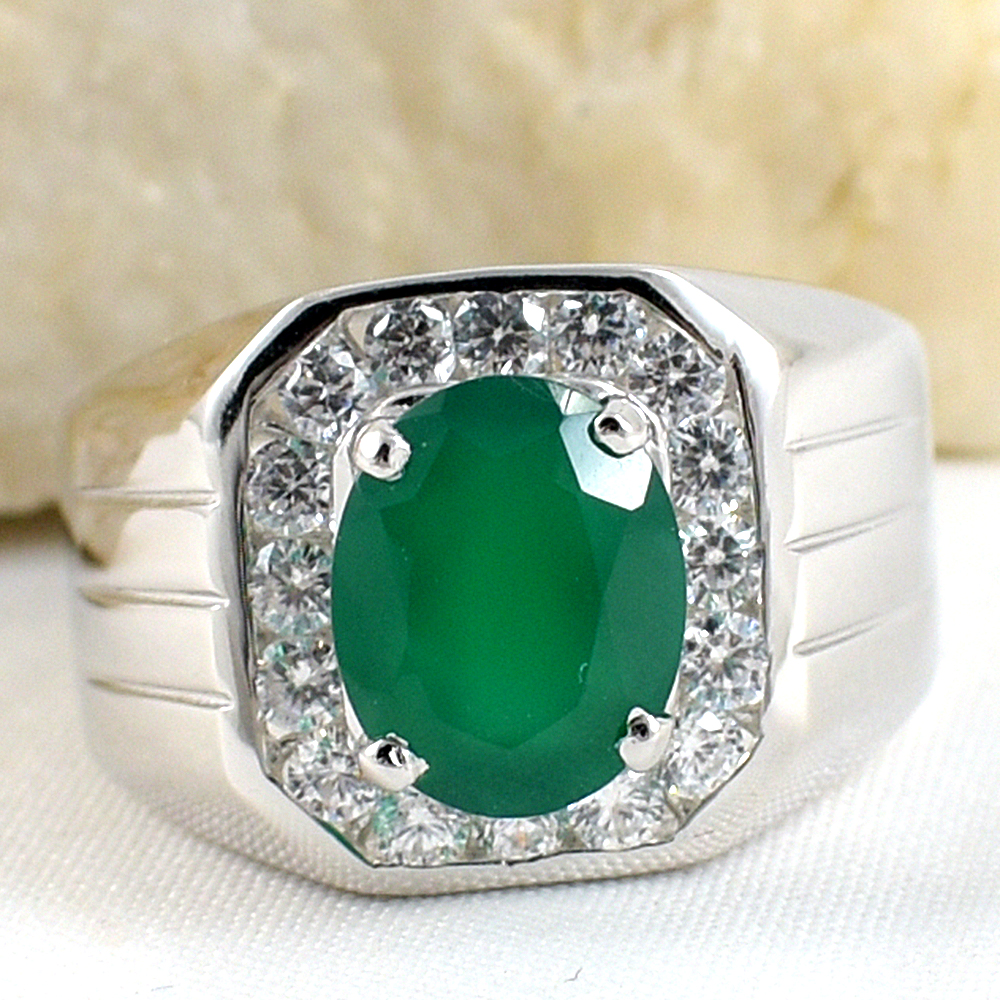 แหวนเงินแท้ราคาถูกชุบทองคำขาว พลอยแท้กรีนอะเกท 2.25 กะรัต เพชรCZ 0.64 กะรัต งานประณีตสวยงาม สั่งผลิตค่ะ