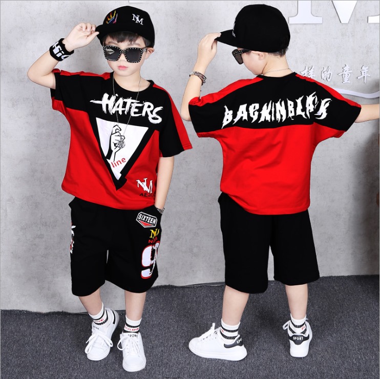 ชุดเต้น ฮิปฮอป เสื้อแขนสั้นขาวแดง+กางเกงดำ