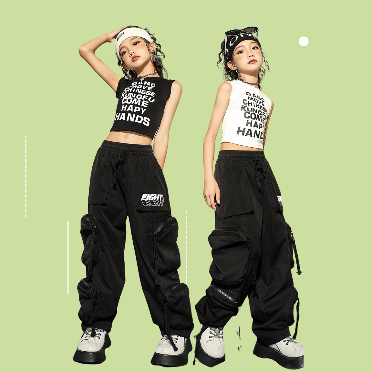 ชุดเต้น ชุดเชียร์ เสื้อเอวลอยสีขาว ดำ+กางเกงคาร์โก้