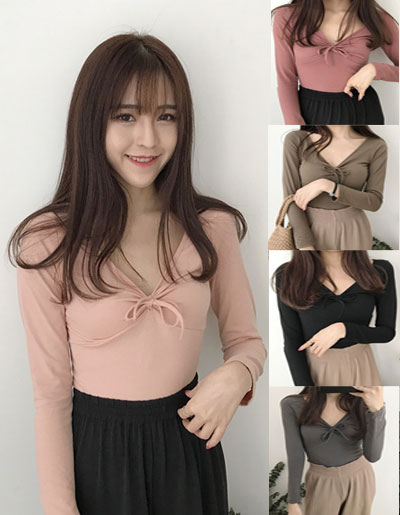 เสื้อแฟชั่นคอวี แต่งสายผูกโบว์ที่อก สวยน่ารักสไตล์เกาหลีมี 5 สี รหัส 1764