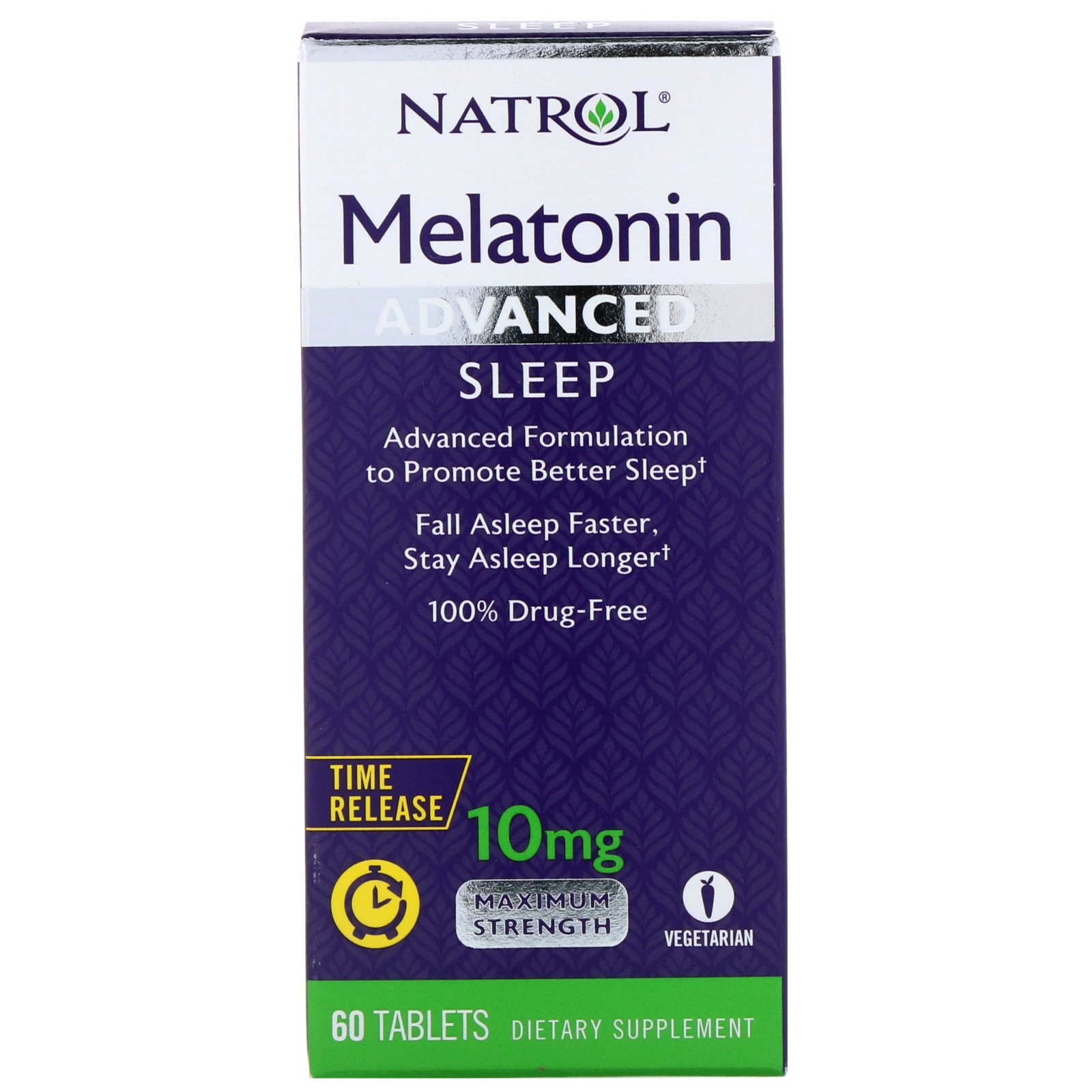 Natrol, Melatonin, Advanced Sleep, Time Release, 10 mg, 60 Tablets สูตรตัวยาเคลือบ 2 ชั้นค่อยๆปลดปล่อยตัวยาให้หลับได้ยาวนานตลอดคืน