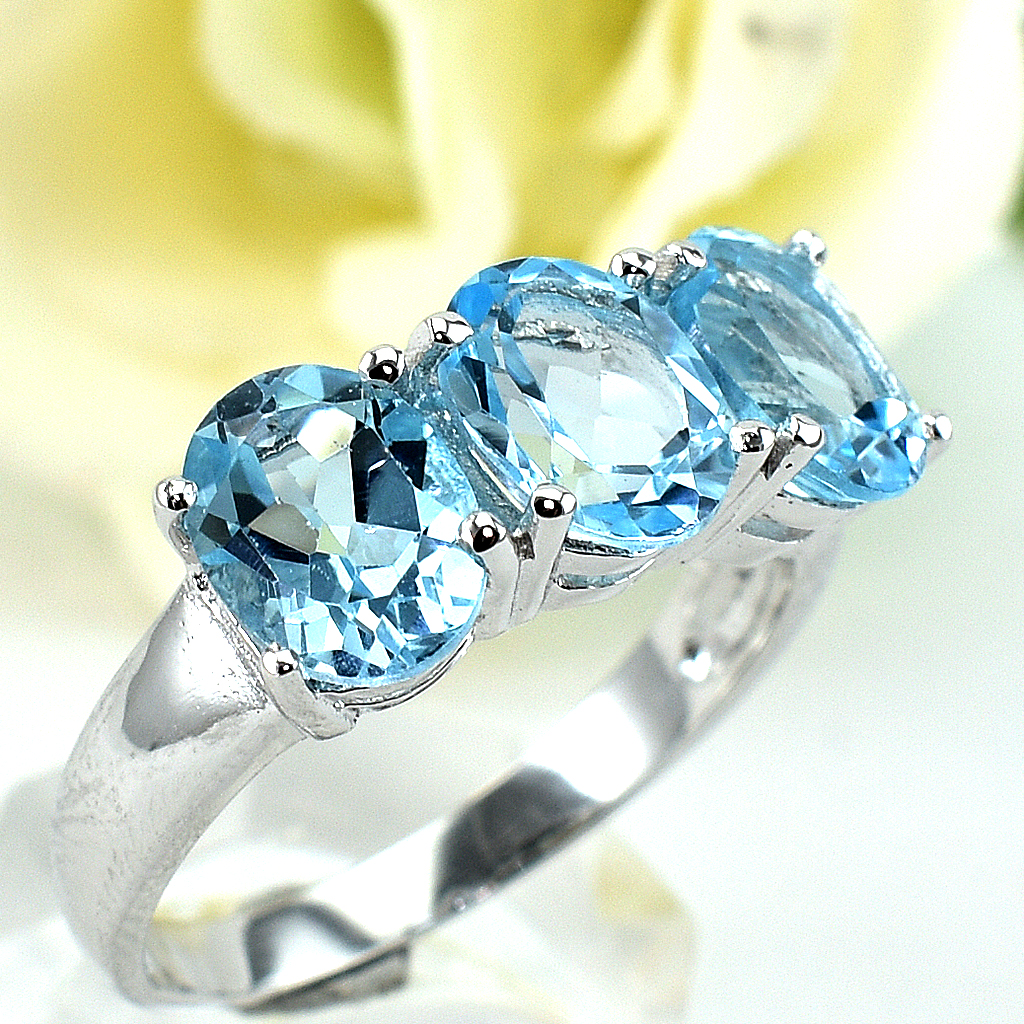 แหวนเงินแท้ราคาถูกชุบทองคำขาว สกายบลูโทปาซแท้ 5.25 กะรัต งานประณีตสวยงาม สั่งผลิตค่ะ