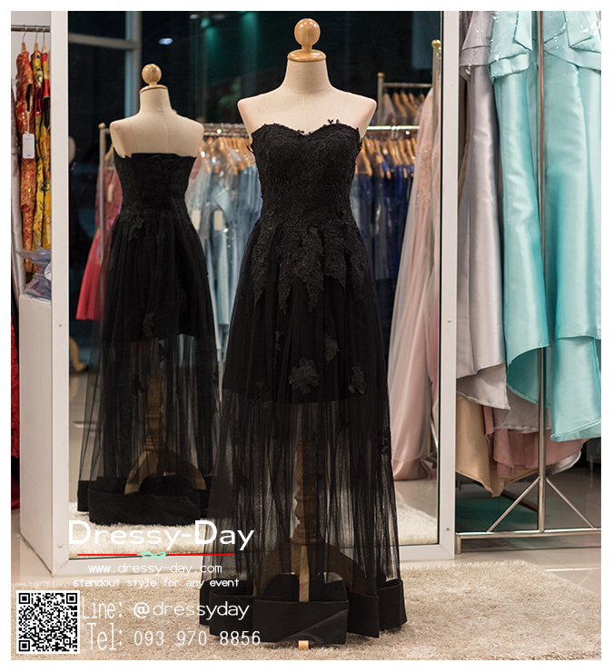 รหัส ชุดราตรี : BB112 ชุดแซก ชุดราตรียาวสีดำหรู เกาะอก ด้านบนเป็นผ้าโปร่งประดับลูกไม้ ด้านในสั้นด้านนอกเป็นผ้าโปร่งคลุมเก๋ๆ ด้านหลังเป็นคลอเส็ทผูกเชือกกระชับกับลำตัว