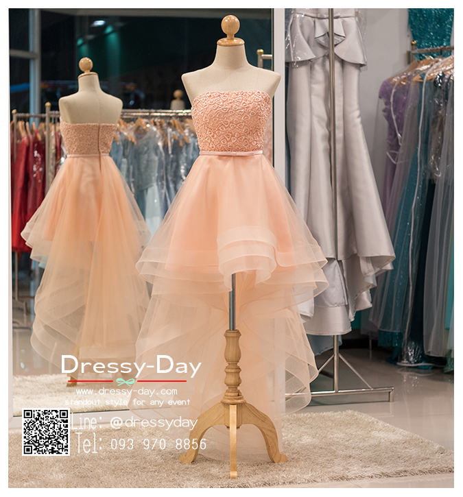 รหัส ชุดราตรี : PF008 ชุดราตรียาว เดรสออกงาน ชุดไปงานแต่งงาน ชุดแซก สีชมพู หน้าสั้นหลังยาวสวยๆ ประดับโบว์ที่เอว หมาะสำหรับงานแต่งงาน งานกลางคืน กาล่าดินเนอร์