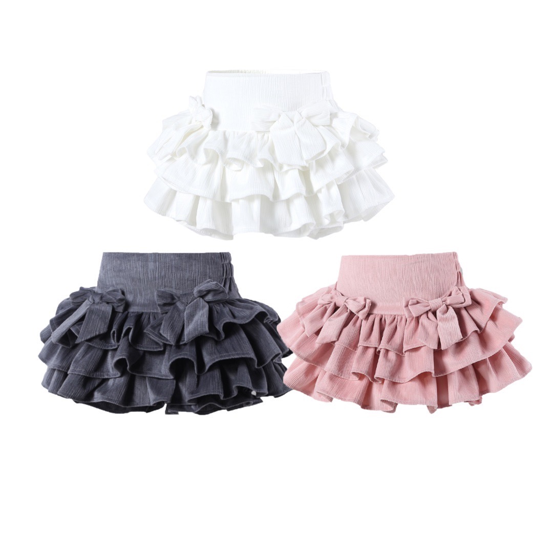 กระโปรง เด็กผู้หญิง ทรงขนมชั้น สีพื้น มีซับระบายชั้นติดโบว์