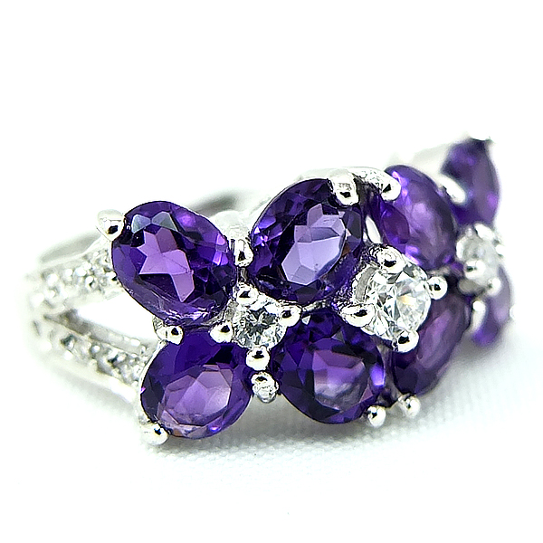 แหวนเงินแท้ราคาถูกชุบทองคำขาว แอมิทิสต์แท้ 3.20 กะรัต เพชรCZ 0.272 กะรัต งานประณีตสวยงาม สั่งผลิตค่ะ