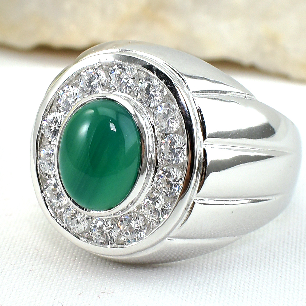 แหวนเงินแท้ราคาถูกชุบทองคำขาว พลอยแท้กรีนอะเกท 1.802 กะรัต เพชรCZ 0.70 กะรัต งานประณีตสวยงาม สั่งผลิตค่ะ