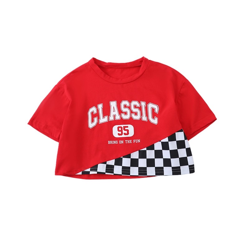 ชุดเต้น ชุดเซ็ต เสื้อแดงแขนสั้นลาย CLASSIC95 กระโปงสั้น กางเกงขายาว