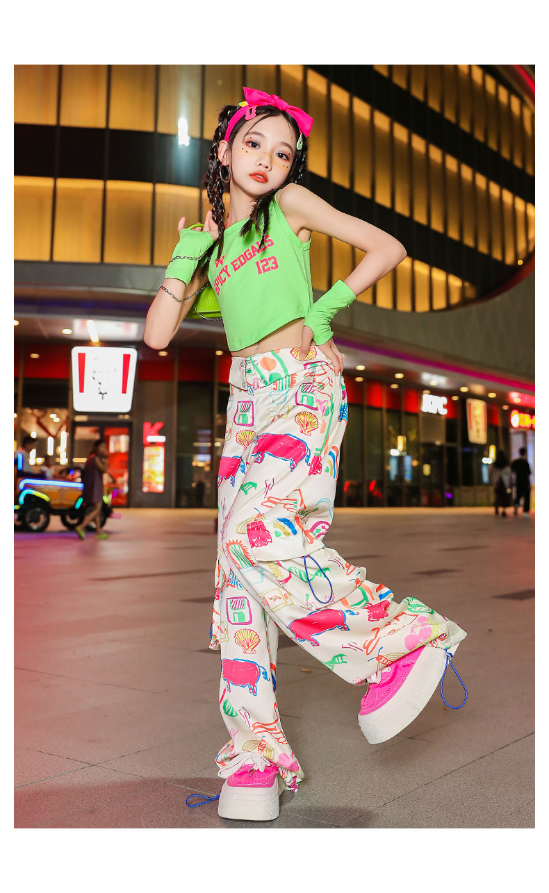 พร้อมส่ง ชุดเต้น เซ็ตเสื้อเอวลอย+กางเกงเอวพับขายาว พร้อมปลอกแขน