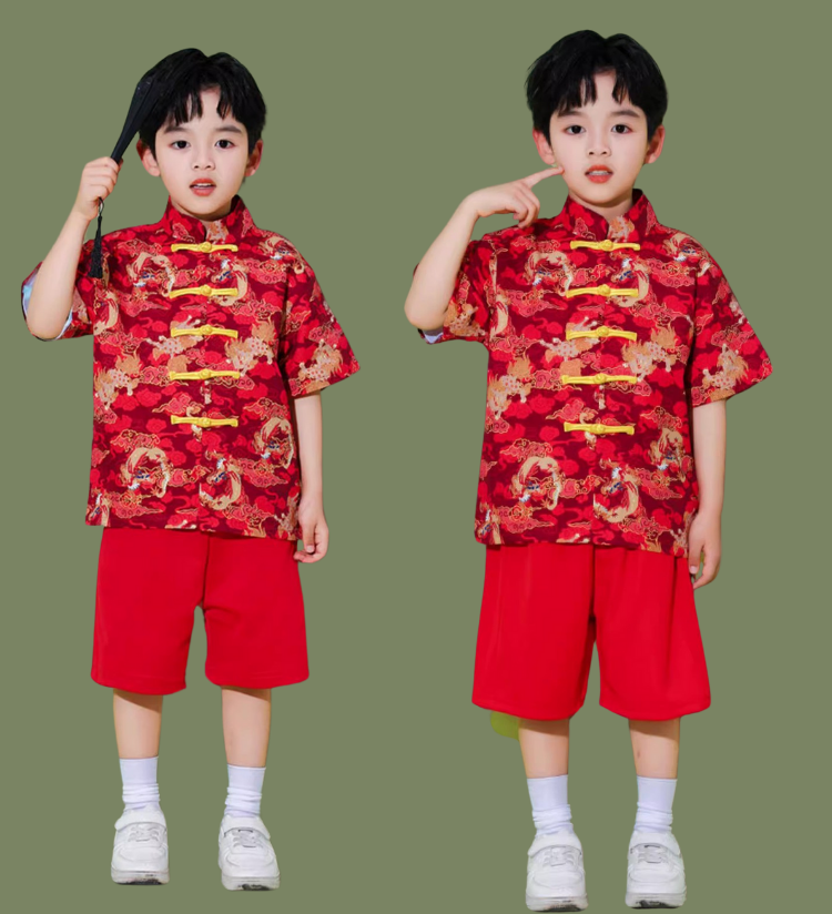 พร้อมส่ง ชุดตรุษจีน กี่เพ้า เซ็ตเด็ก เสื้อแขนสั้นสีแดงลายมังกร+กระโปรง กางเกงทอง