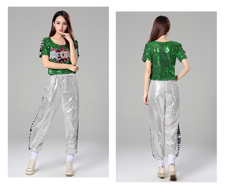 พร้อมส่ง ชุดแดนซ์ ชุดเต้น เสื้อครอปแขนสั้น +กางเกงขายาว ปักเลื่อม ปักอักษร MEOW