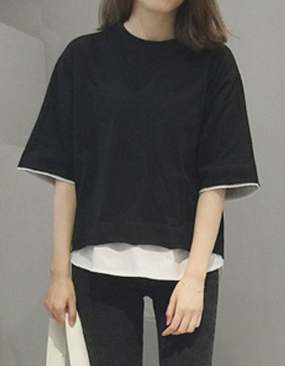 เสื้อยืดแฟชั่น คอกลม แขนสั้น ต่อผ้าคอตตอลชายเสื้อ-1491-สีดำ