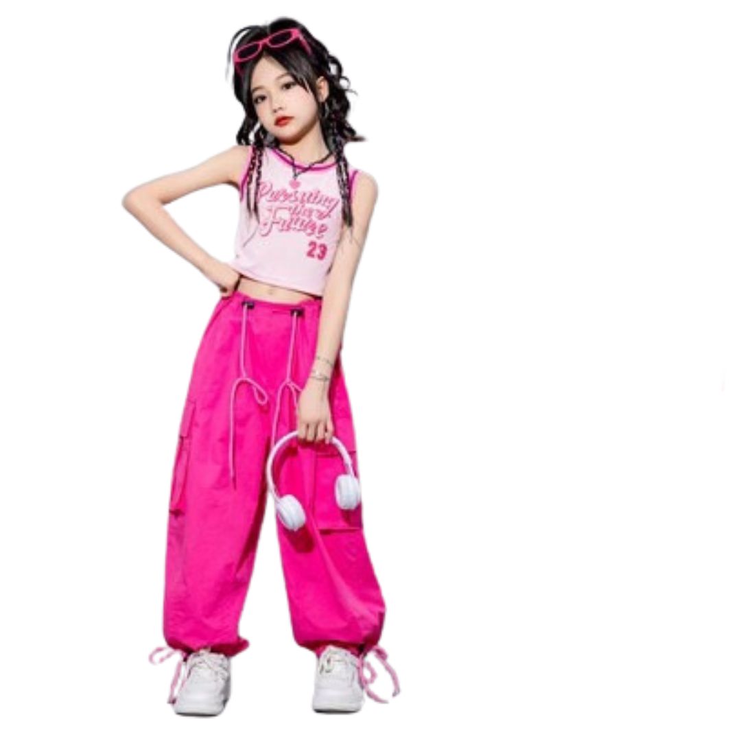 ชุดเต้น เสื้อแขนกุด+กางเกงคาร์โก้สีชมพู เอวผูก