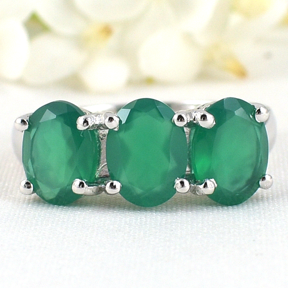 แหวนเงินแท้ราคาถูกชุบทองคำขาว พลอยแท้กรีนอะเกท 3.69 กะรัต งานประณีตสวยงาม สั่งผลิตค่ะ