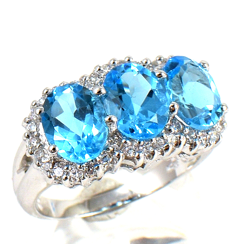 แหวนเงินแท้ราคาถูกชุบทองคำขาว สวิสบลูโทปาซแท้ 5.55 กะรัต เพชรCZ 0.36 กะรัต งานประณีตสวยงาม สั่งผลิตค่ะ