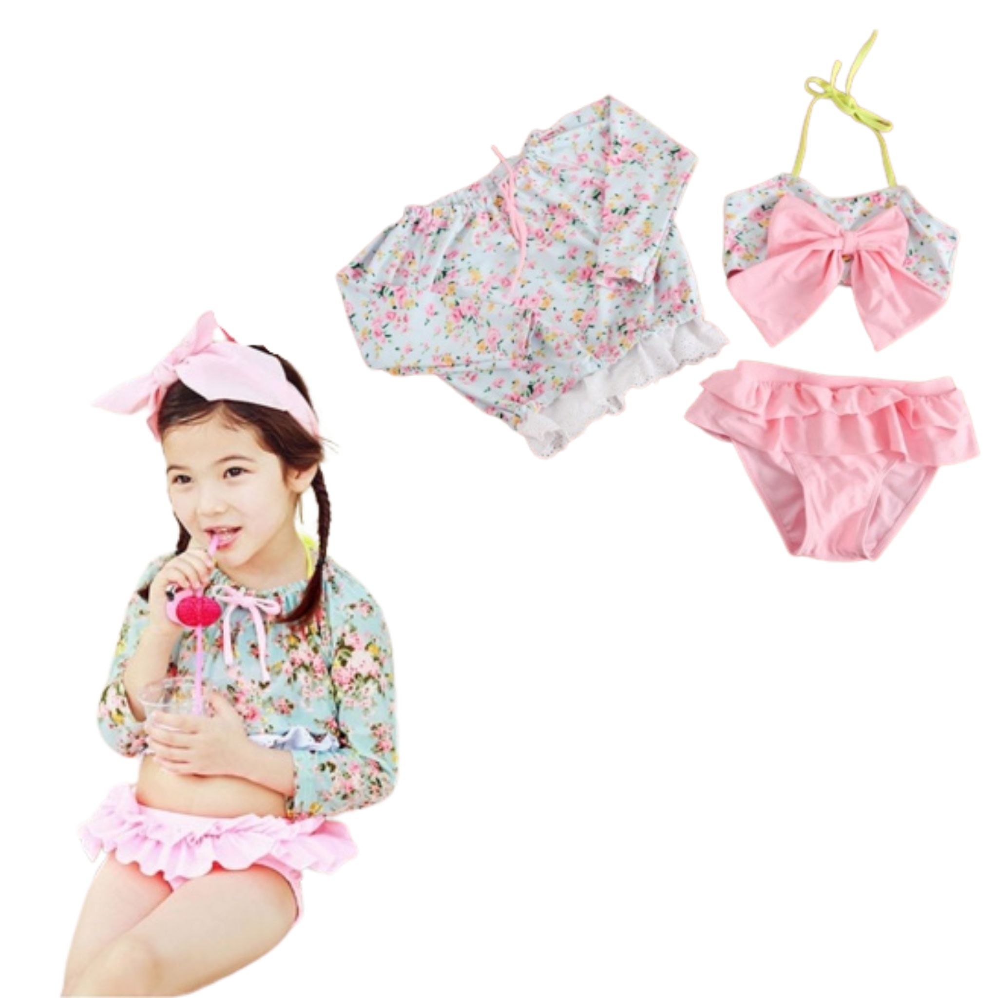 สินค้าพร้อมส่ง ชุดว่ายน้ำ เด็กหญิง เซ็ต 3 ชิ้น สไตล์ลายดอก