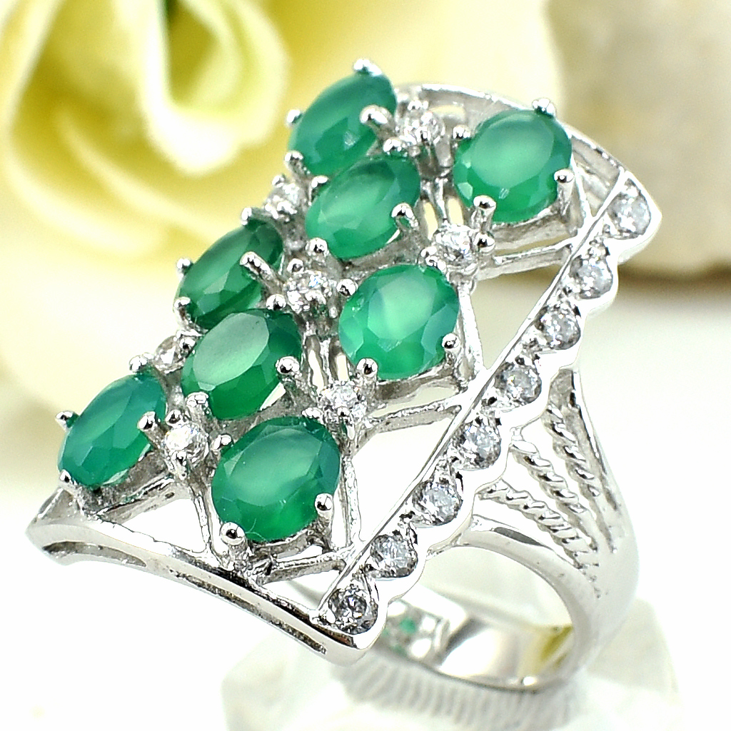 แหวนเงินแท้ราคาถูกชุบทองคำขาว พลอยแท้กรีนอะเกท 3.60 กะรัต เพชรCZ 0.437 กะรัต งานประณีตสวยงาม สั่งผลิตค่ะ