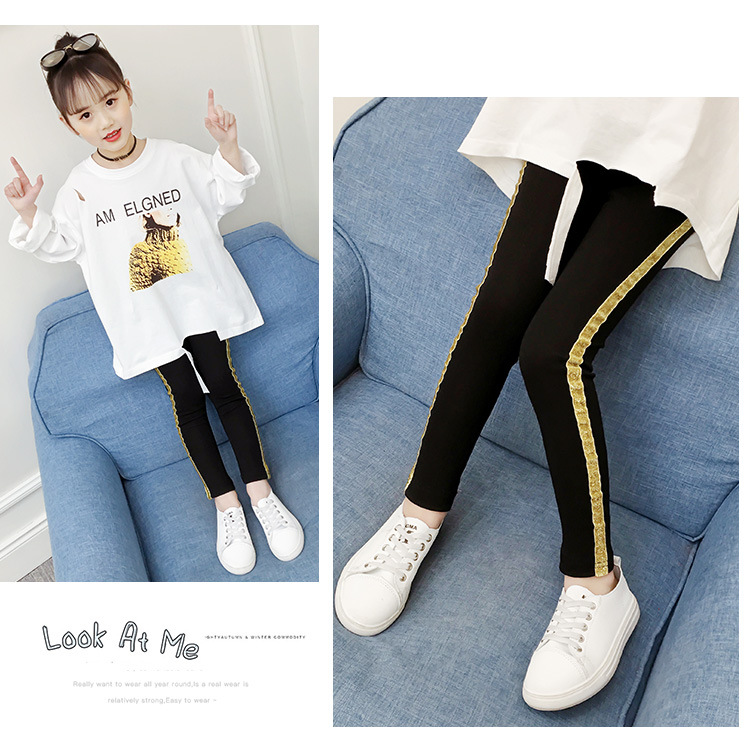 กางเกงเด็ก เลกกิ้งสีดำ แต่งแถบกลิตเตอร์