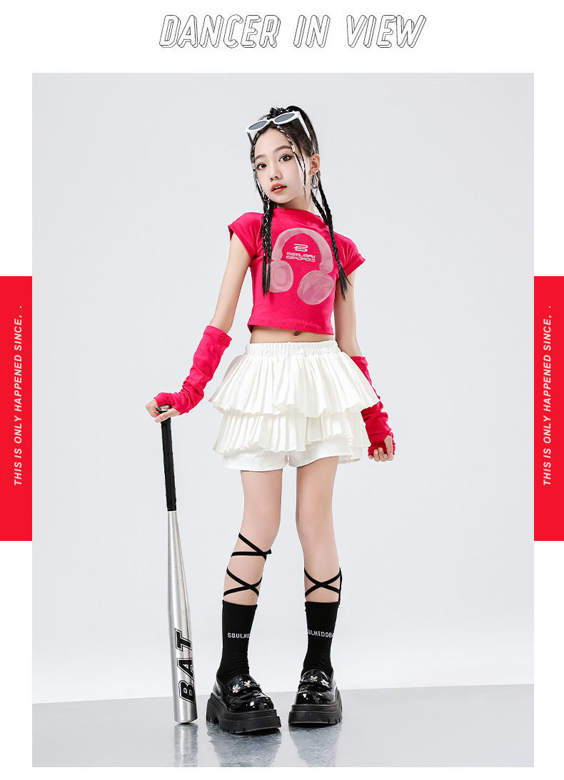 พร้อมส่ง ชุดเต้นเด็ก เสื้อ พร้อมปลอกแขน+กระโปรงอัดพลีท