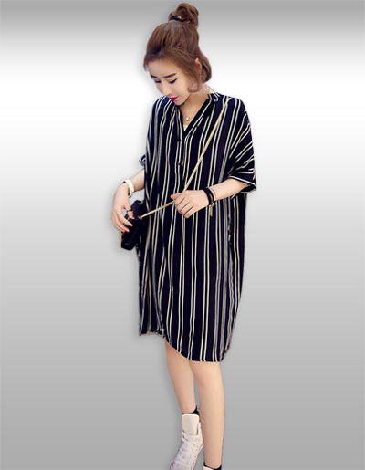 ชุดเดรสแฟชั่นแต่งลายคอวีแบบสวยเก๋สไตล์เกาหลี รหัส2044