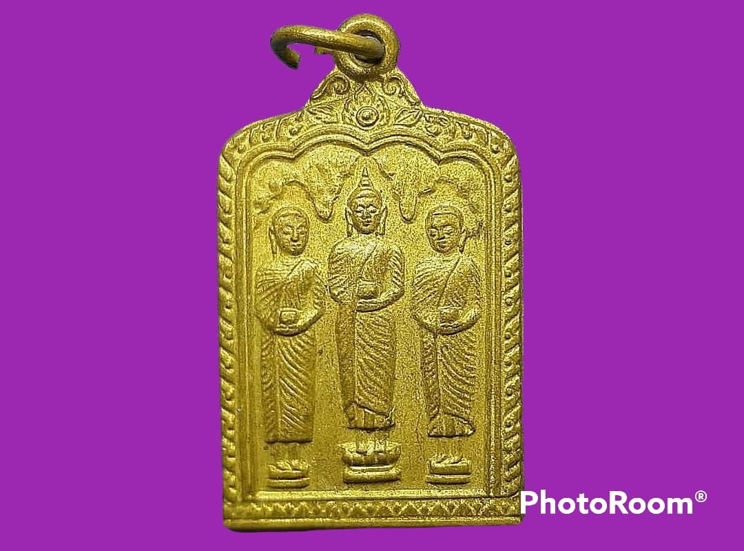 เหรียญ พระพุทธเจ้า และ สาวก วัดไก่เตี้ย บางกอกน้อย กรุงเทพมหานคร หลังยันต์ 5 ปี 2512 เนื้อทองแดงกะหลั่ยทอง