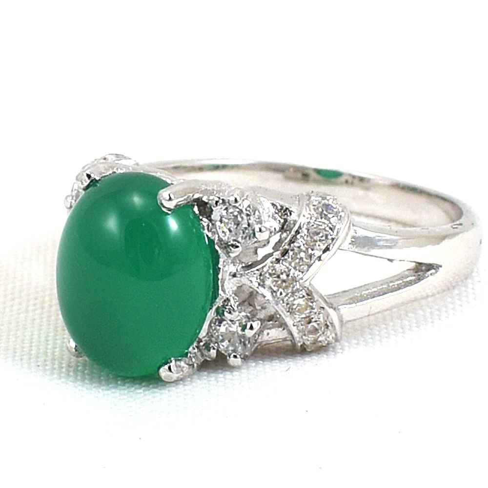 แหวนเงินแท้ราคาถูกชุบทองคำขาว พลอยแท้กรีนอะเกท 2.25 กะรัต เพชรCZ 0.286 กะรัต งานประณีตสวยงาม สั่งผลิตค่ะ