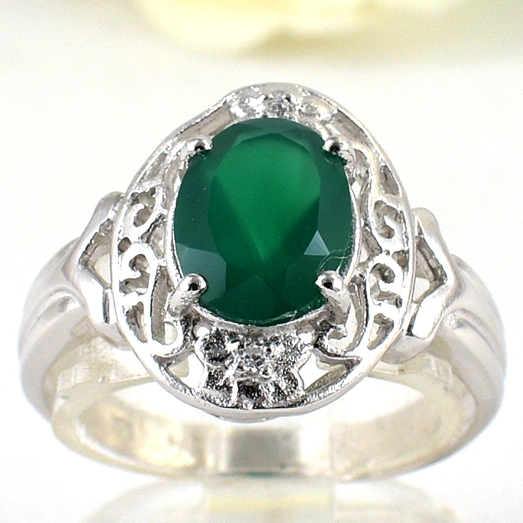 แหวนเงินแท้ราคาถูกชุบทองคำขาว พลอยแท้กรีนอะเกท 1.80 กะรัต เพชรCZ 0.02 กะรัต งานประณีตสวยงาม สั่งผลิตค่ะ