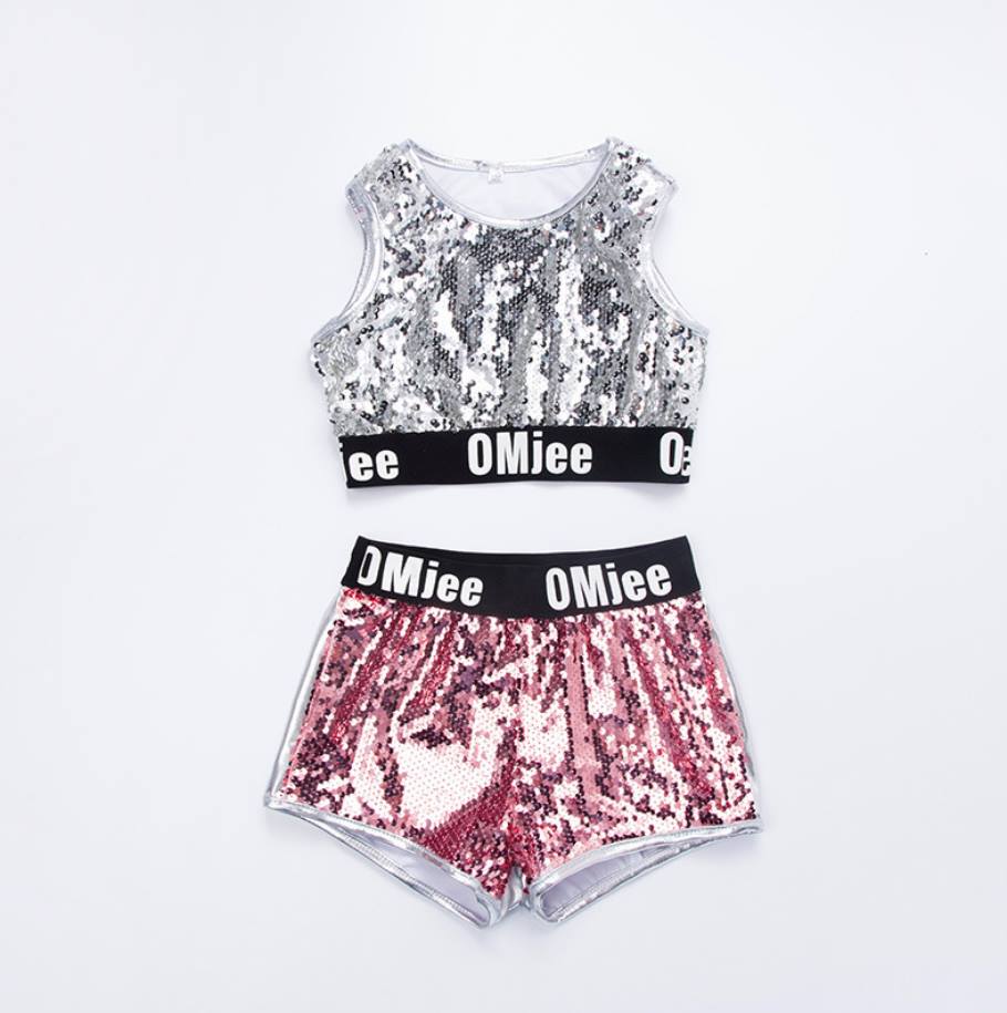 พร้อมส่ง ชุดเซ็ต ชุดแดนซ์เซอร์ สีเงิน-ชมพู เซ็ต 3 ชิ้น