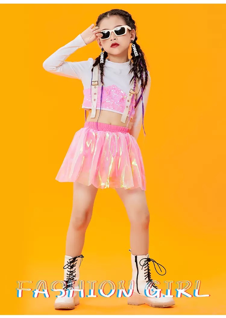 ชุดเต้น ชุดฮิปฮอป เซ็ตสีเสื้อแขนยาวสีขาวปักเลื่อม+กระโปรง สีชมพู