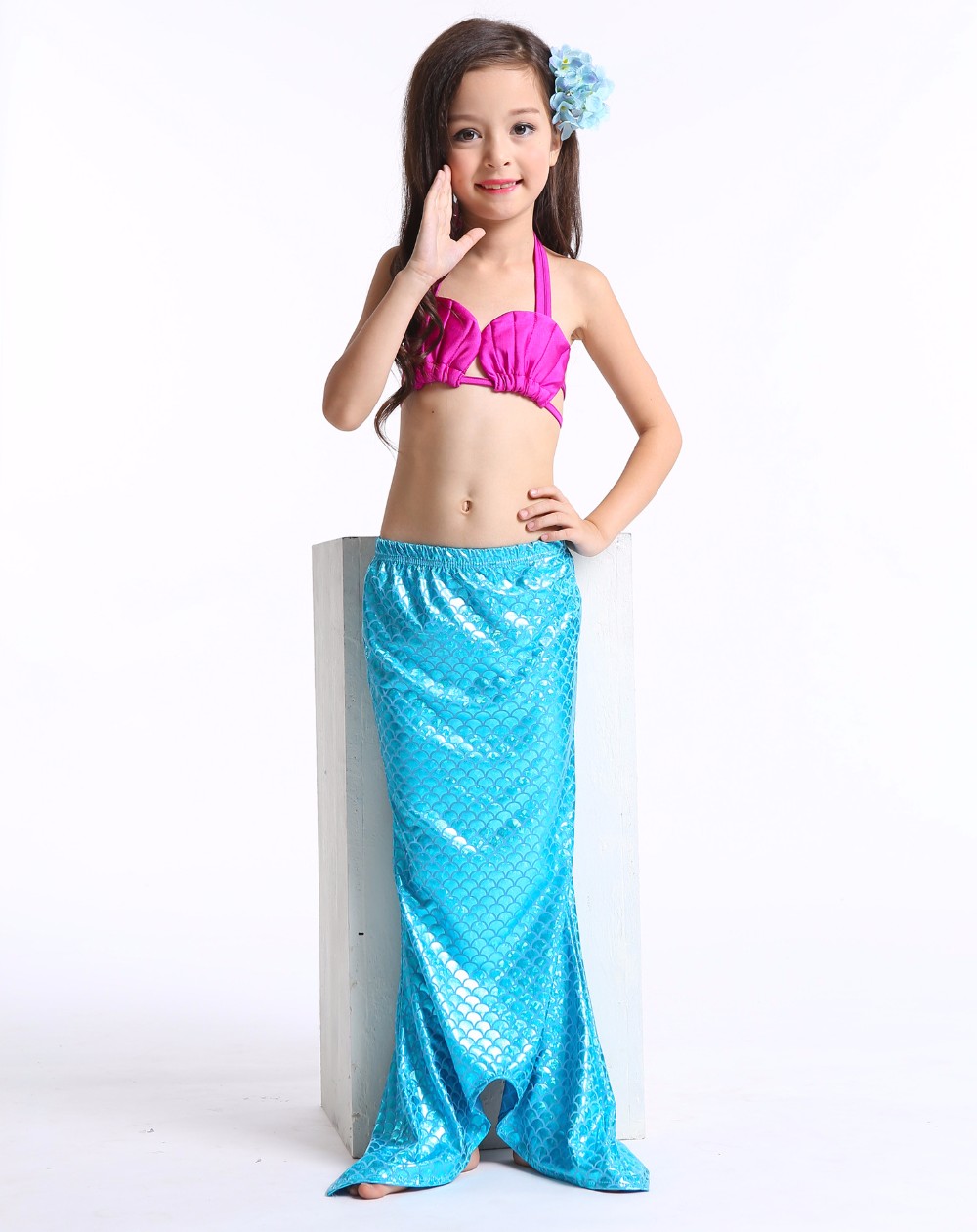 ชุดว่ายน้ำ นางนางเงือก เซ็ต 3 ชิ้น รุ่นเสื้อผูกอก สีชมพู-ฟ้า