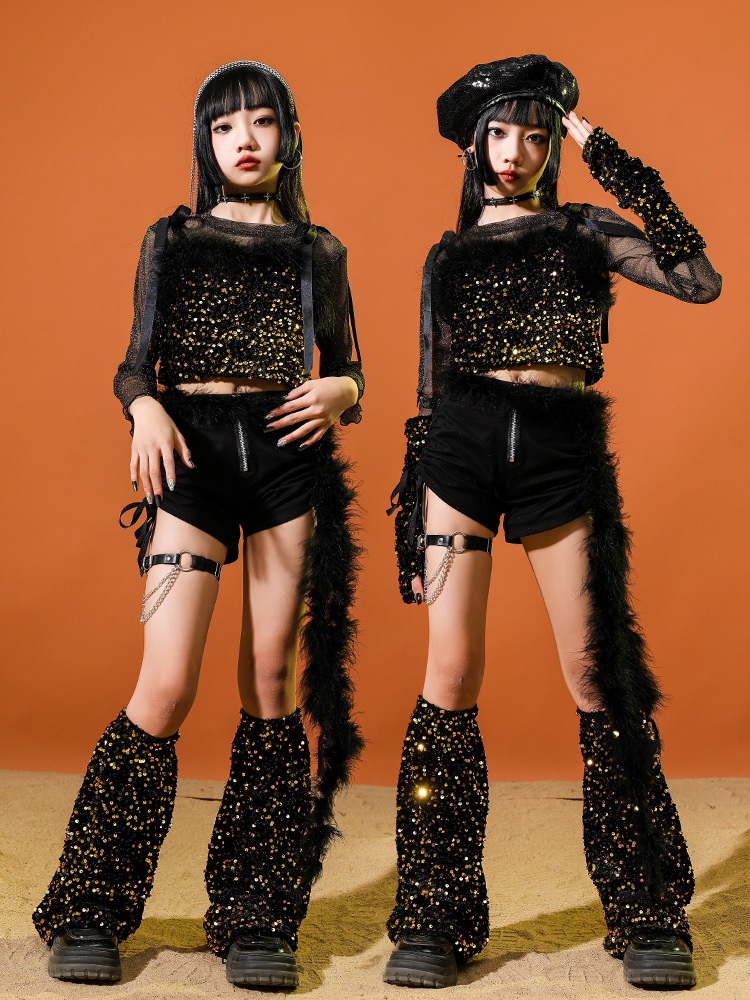 พร้อมส่ง ชุดเต้น Coverdance เซ็ต เสื้อดำปักเลื่อม+กางเกงปลอกขา