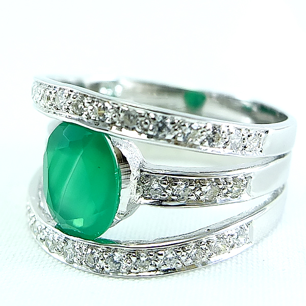 แหวนเงินแท้ราคาถูกชุบทองคำขาว พลอยแท้กรีนอะเกท 1.70 กะรัต เพชรCZ 0.57 กะรัต งานประณีตสวยงาม สั่งผลิตค่ะ